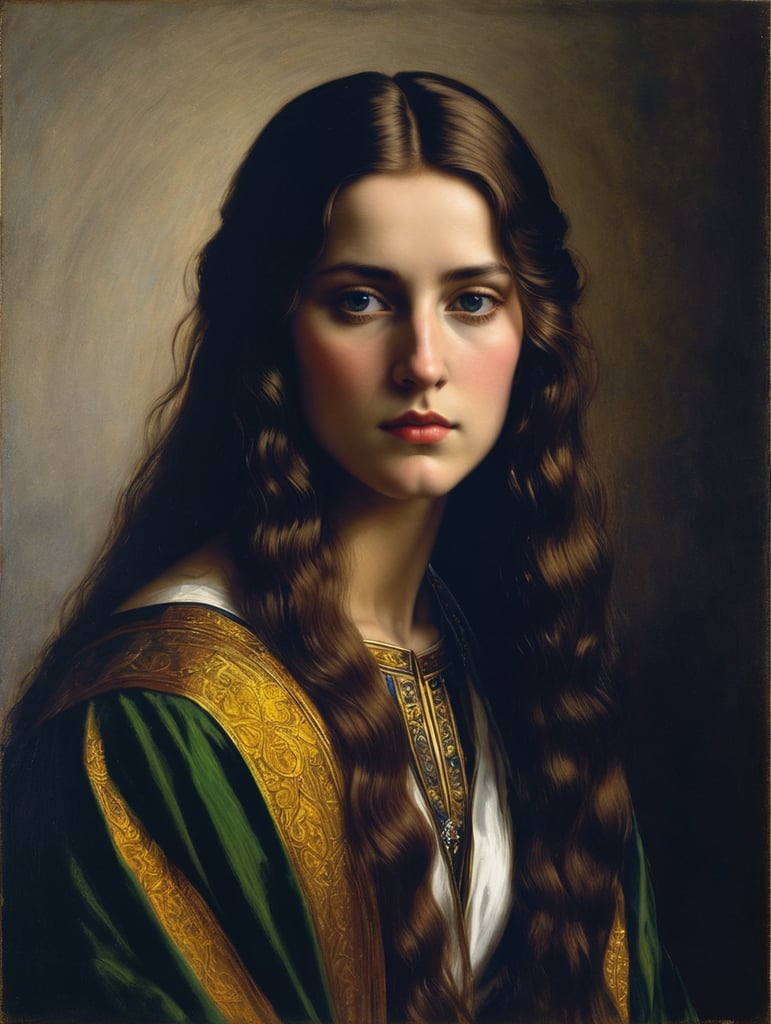 A masterpiece portrait by John Everet Millais of a beautiful saint woman, straight hair