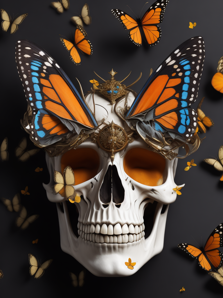 beautiful composition of a skull and monarch butterflies, rule of thirds, golden proportions, realistic art, anatomically correct, white skull with some orange butterflies, some blue flowers in the back, perfect composition, still life, high quality, front view creative, very colorful, very detailed, insane illumination, photography,