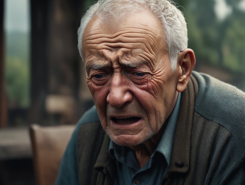 Portrait of an elderly crying man, high definition, photography, cinematic, detailed character portrait, detailed and intricate environment