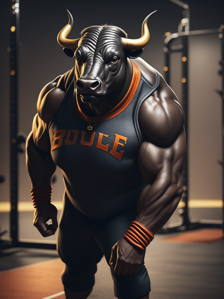 Bull look like a human stylized as a sport coach with whistle and white t-shirt in the gym