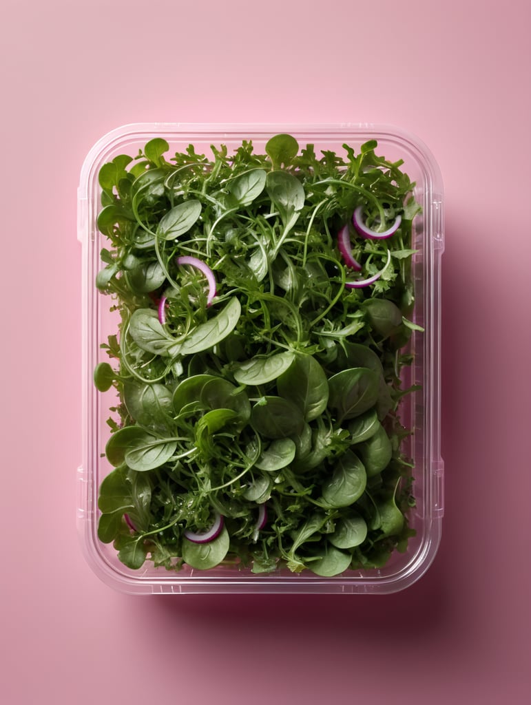 blank Transparent Plastic Container with Arugula Salad, isolated, pink background, Mockup, mock up