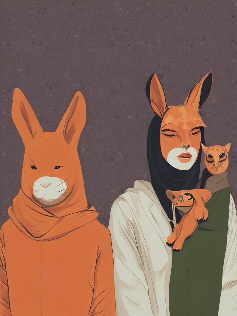 an illustration of people who are standing with two masks on, in the style of ren hang, naive childlike, medicalcore, depiction of animals, alex gross, polychrome terracotta, bunnycore