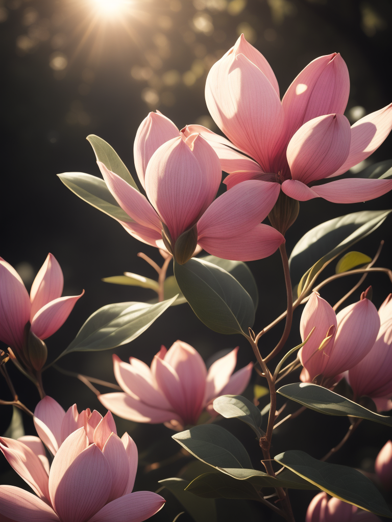 цветы магнолия розовая, светит солнце в саду