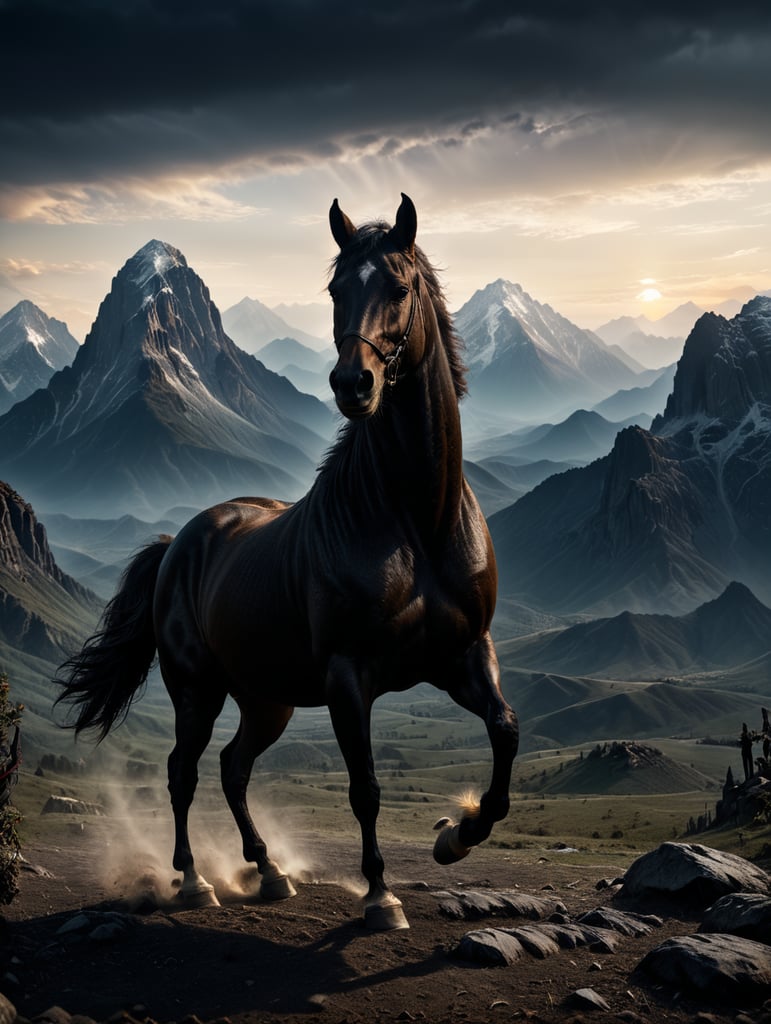 Silhouette de cheval qui est sûr c'est pattes arrières en 4d l'arrière plan et plutôt sombre avec des montagnes