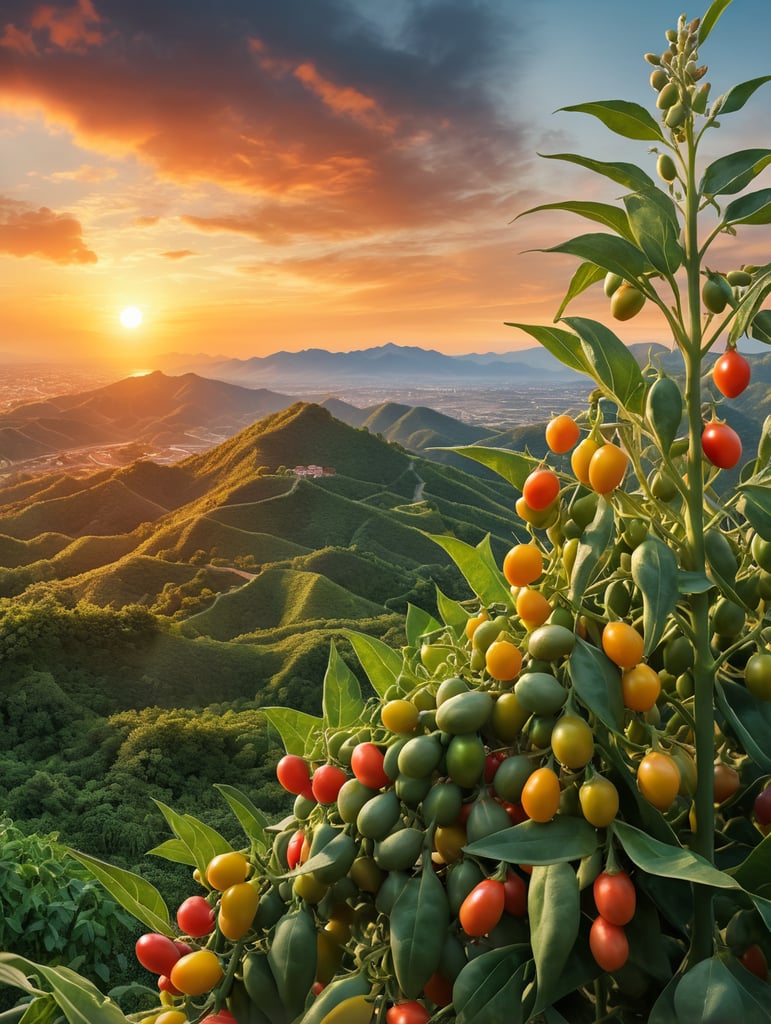 Fresh pigeon pea or tuvar beans vegetable on plant, unsharp background with sunset vibrant colors nature art scenic horizon mountain range skyline views artistic beauty colorful scenery nature photography sunset inspiration. (((pigon pea or tuvar beans vegetable on plant))) photoreal: 1.4, lifelike,highly detailed CG unified 8K backgrounds,looking at the viewer, (HQ skin:1.4), 8k uhd, dslr,(((Fresh pigeon pea or tuvar beans vegetable on plant)))