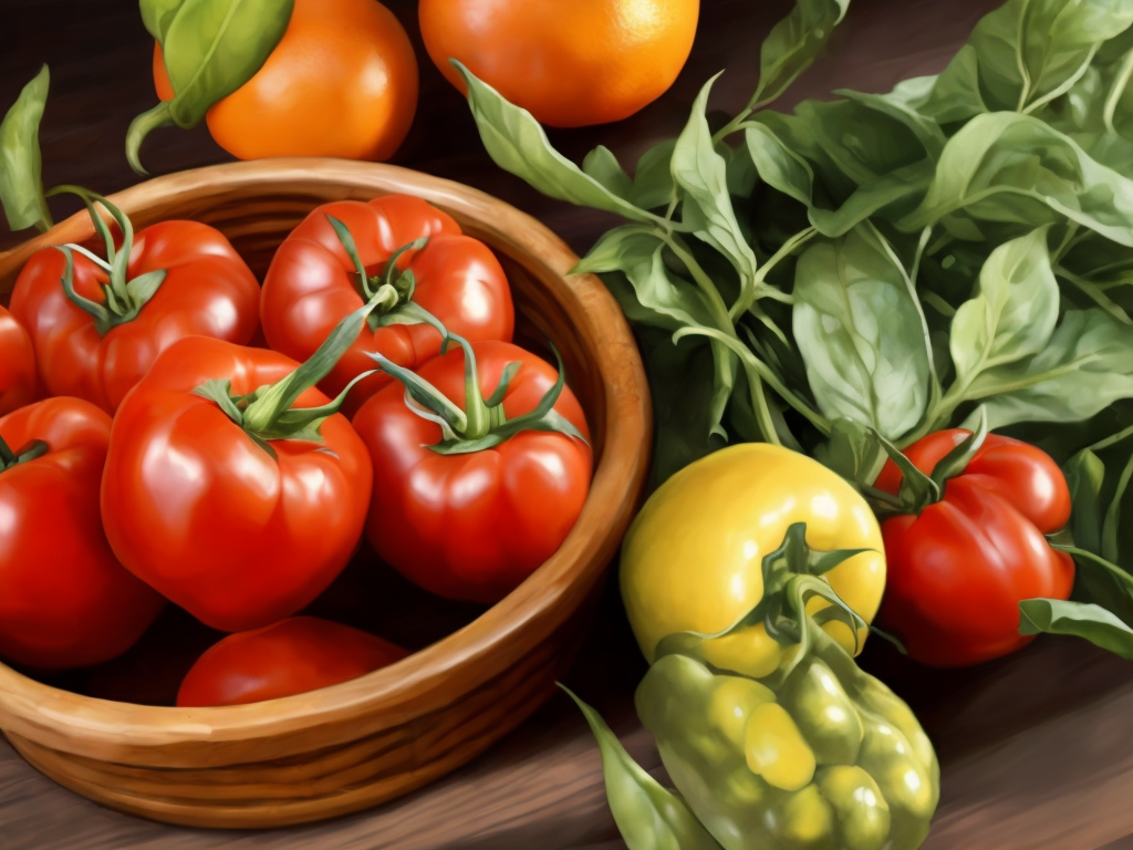 a bowl of tomatoes, peppers, and oranges on a table with greens and oranges in the background, a stock photo, incoherents, Arcimboldo, professional food photography