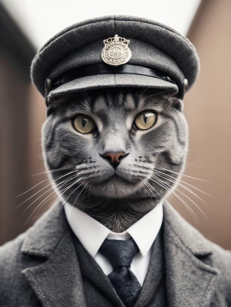 a grey cat looking as a peaky blinder