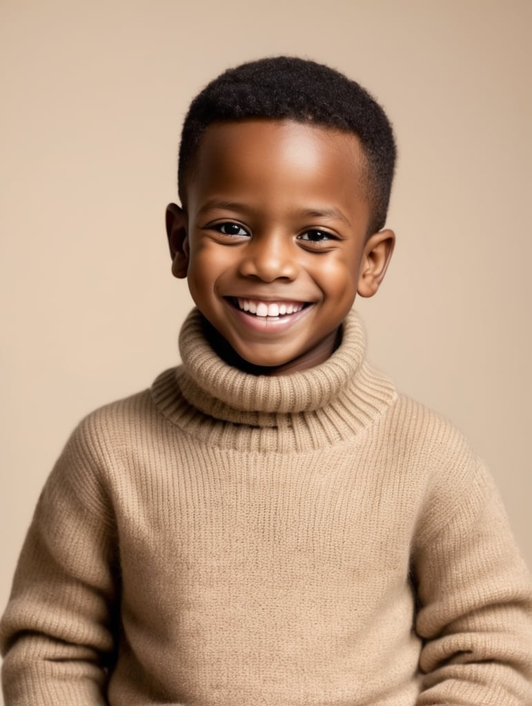 a potrait of a happy cute small 5 year old african boy in a warm poullneck sweater smiling