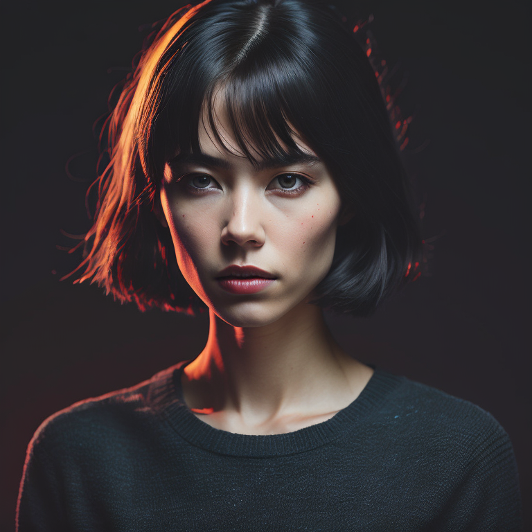 portrait a women with bob haircut, red background, black hair, black eye, light particles around