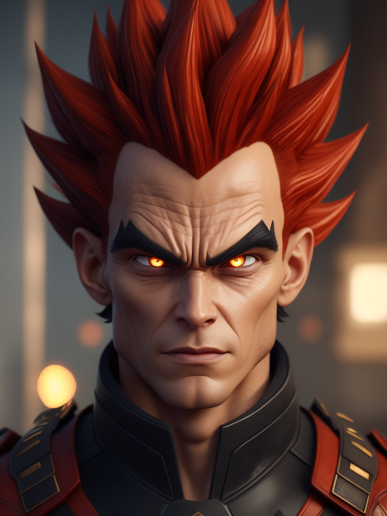 a red son from monkie kid, realistic, red hair, similar to Vegeta (Dragon Ball Z)