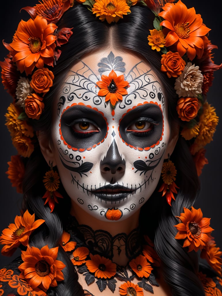 black, burnt orange, mexican, day of the dead make up, full body with flowing dress, flowers and chillis 3d style