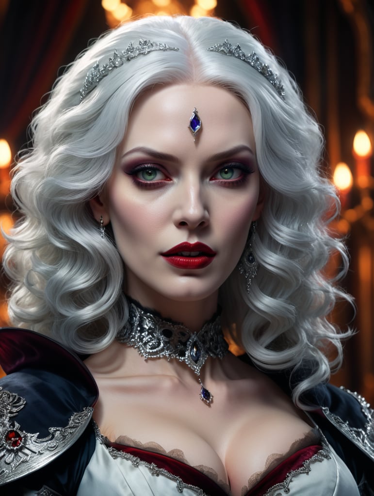 visualize a beautiful white haired vampire queen, looks like Christina Hendricks