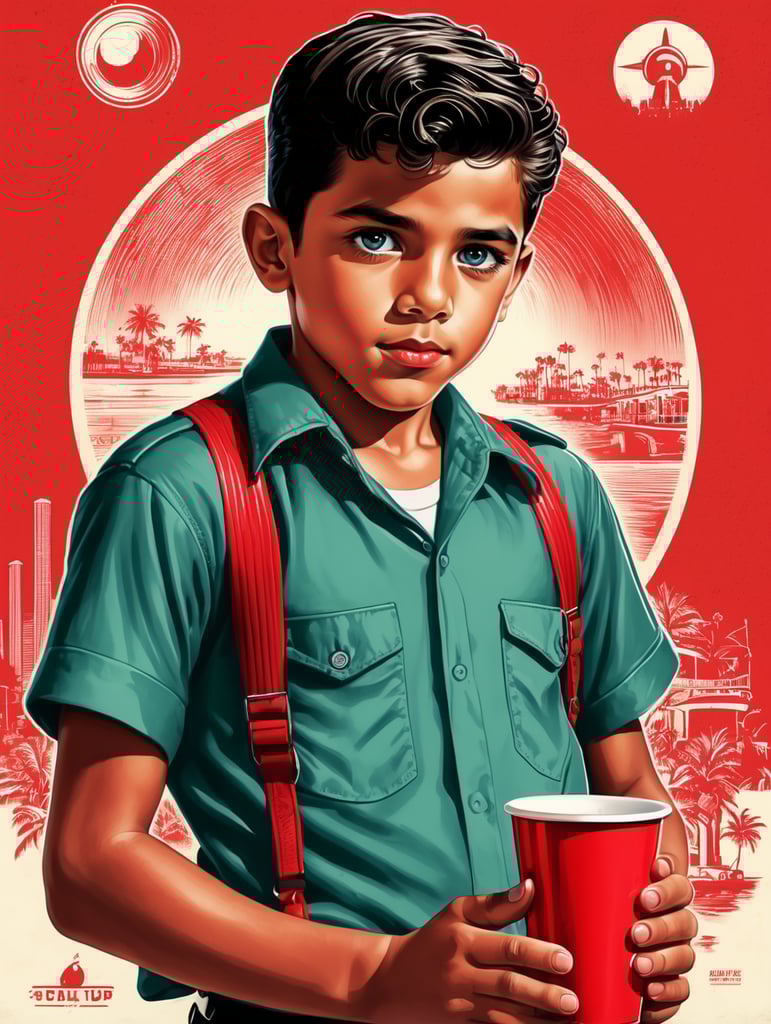 Miami young boy holding a red cup eye-catching poster-style drawing and illustration representing the iconic pulp style.