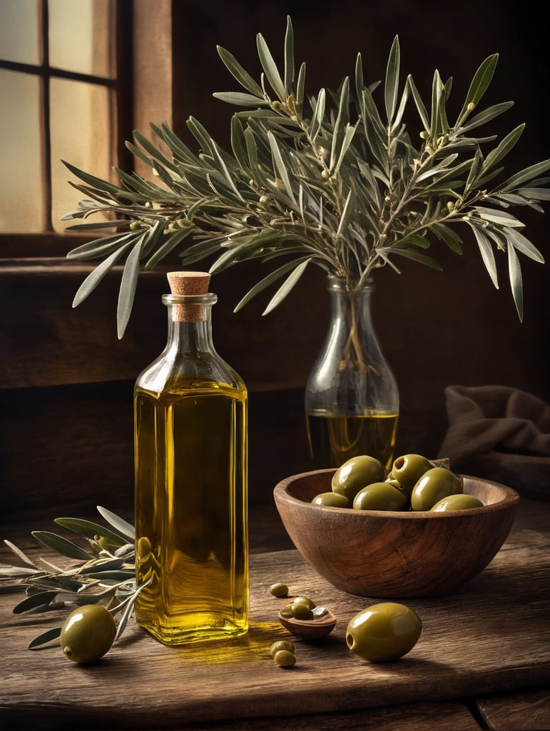 Aceite de oliva Entreposturas sobre una mesa de maderam deben colocarse una botella y unas ramas de olivo. Queremos que la fotografia sea fiel al antiguo estilo andaluz.