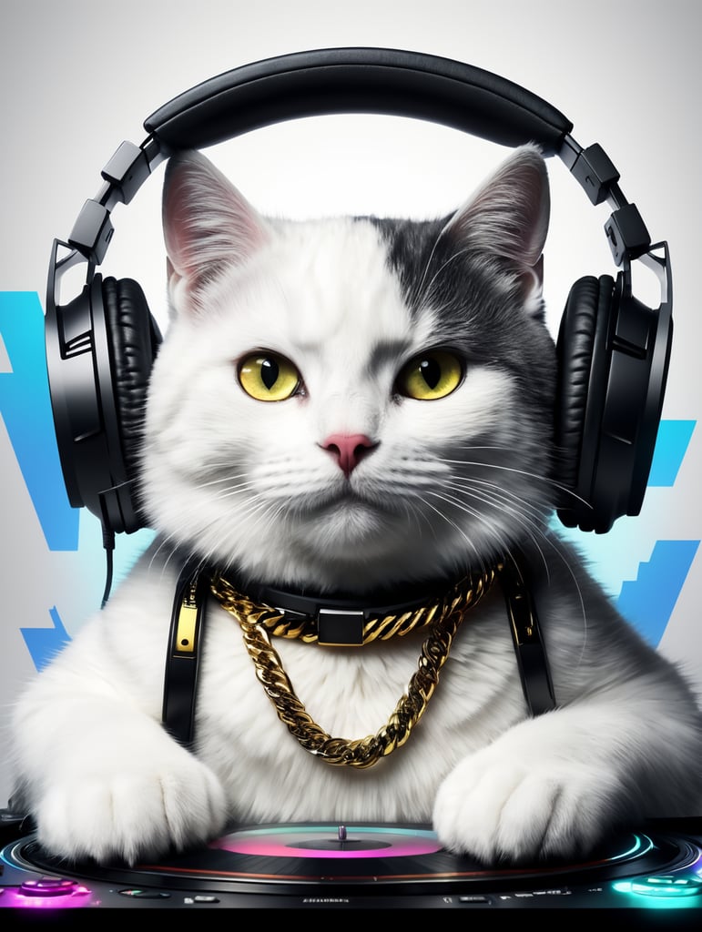 Black color cat DJ playing DJ set, wearing music headphones and gold chain, hall full of people having fun in the background, ultra realism, super detailed, neon colors