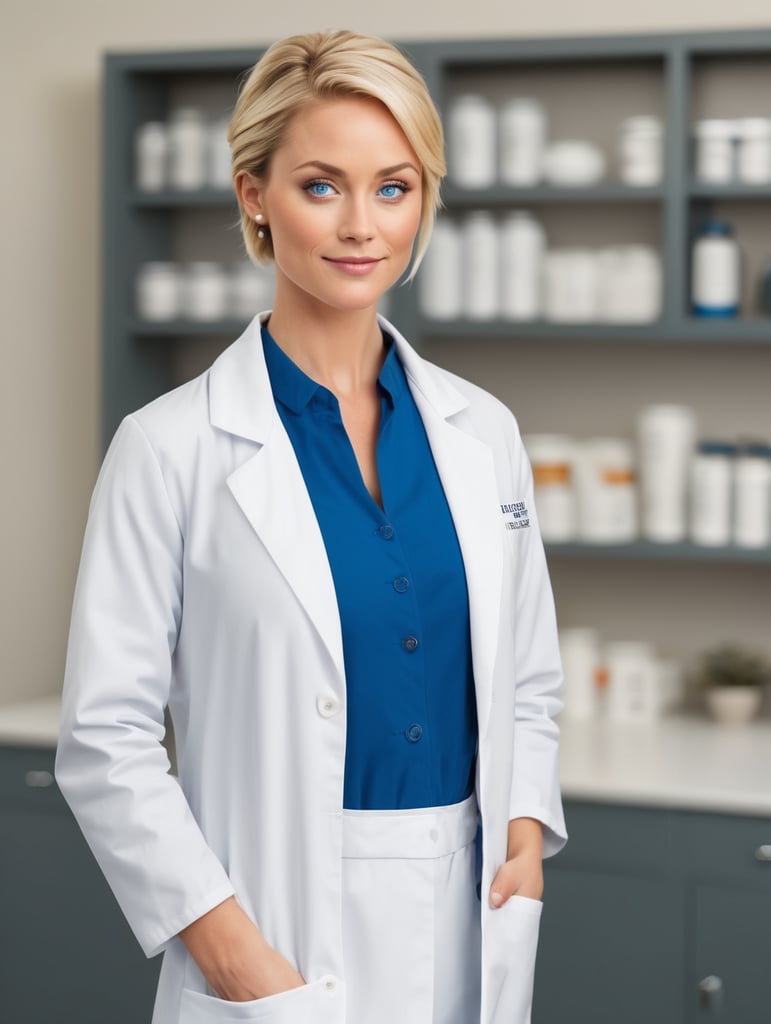 geef me een vrouw in haar 30 met blond kort haar in een chignon , blauwe oogen , met een labo jas , voldig lichaam