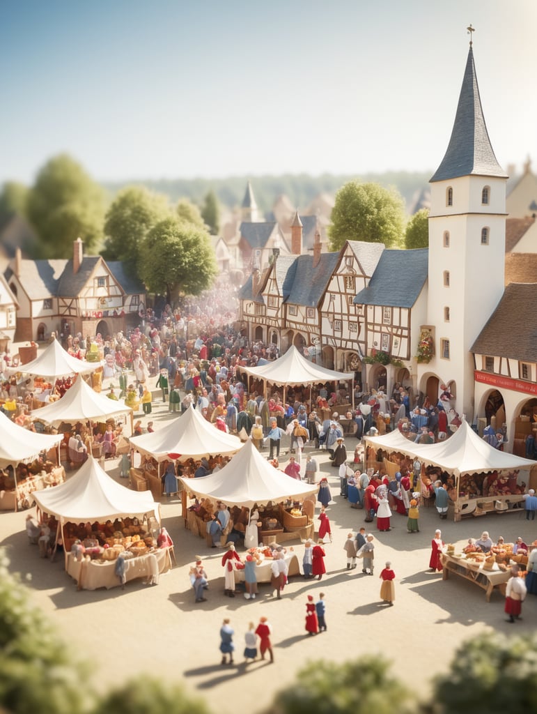 A medieval-inspired creative concept is depicted in a tilt-shift photograph capturing the joyful ambiance of a village fete and fair