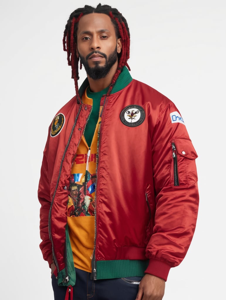 a man with dreadlocks on his head is wearing a colored jersey and a red bomber jacket