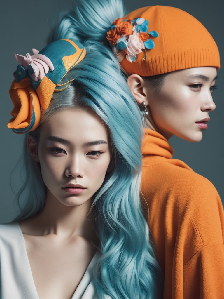 girls with toy characters and bright hair wearing colorful hair accessories, in the style of joong keun lee, multi-layered, dinocore, ren hang, pattern explosion, plasticien, light orange and light blue