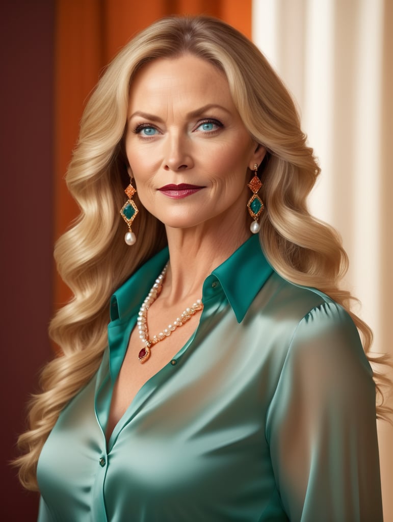 a beautiful robust woman of 47 years old, with long wavy blonde hair, blue-green eyes, wearing an elegant white long-sleeved blouse, burgundy pants, gold bracelet, diamond earrings, pearl necklace, on an orange background, full body, ultra realistic, Cinematic, 35mm lens, f 1.8, lighting highlight, global illumination -- illuminated --v 4