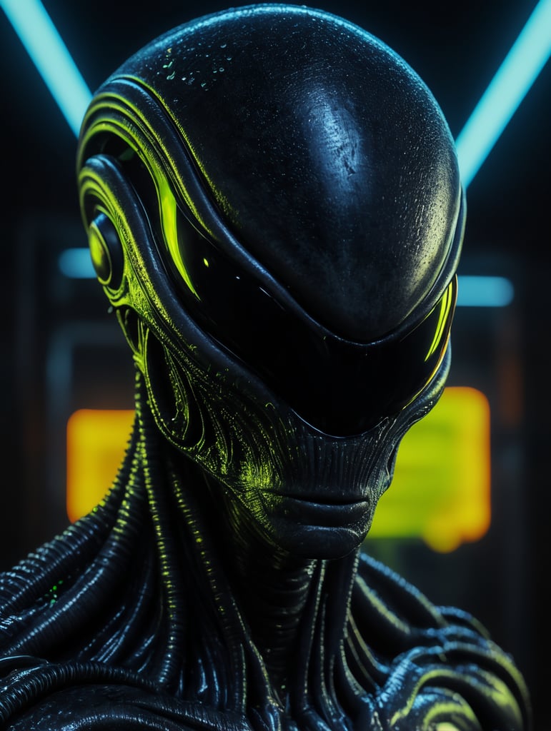Alien made of black alien liquid, translucent with neon lights, liquid dripping, dark atmosphere