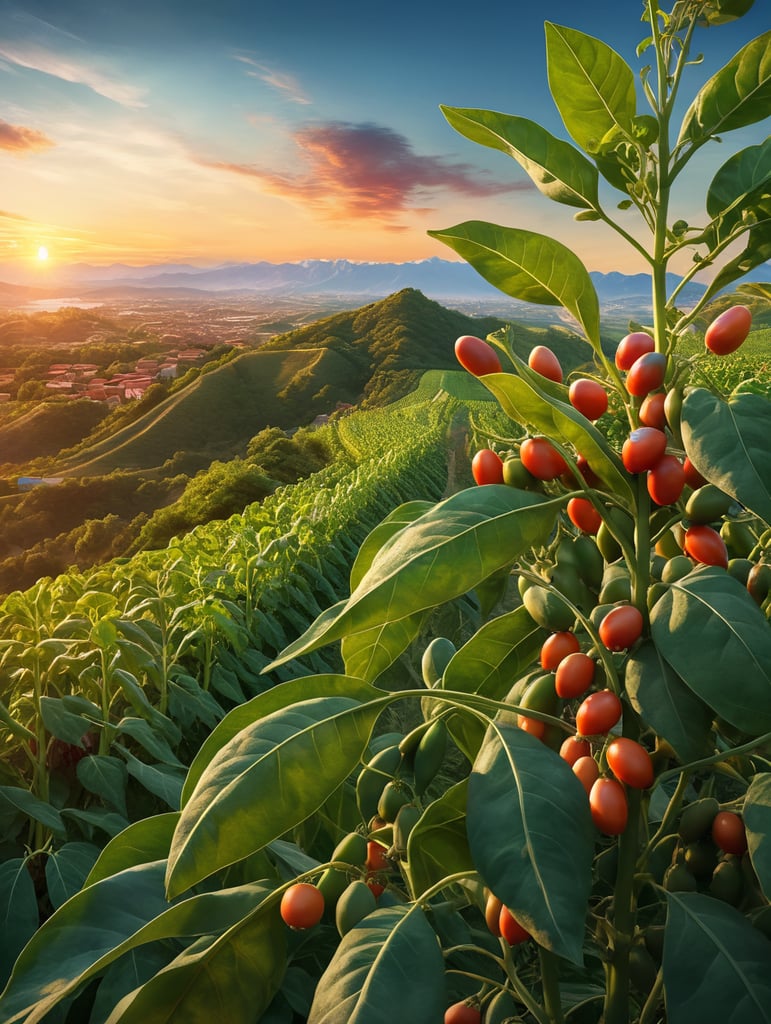 Fresh pigeon pea or tuvar beans vegetable on plant, unsharp background with sunset vibrant colors nature art scenic horizon mountain range skyline views artistic beauty colorful scenery nature photography sunset inspiration. (((pigon pea or tuvar beans vegetable on plant))) photoreal: 1.4, lifelike,highly detailed CG unified 8K backgrounds,looking at the viewer, (HQ skin:1.4), 8k uhd, dslr,(((Fresh pigeon pea or tuvar beans vegetable on plant)))