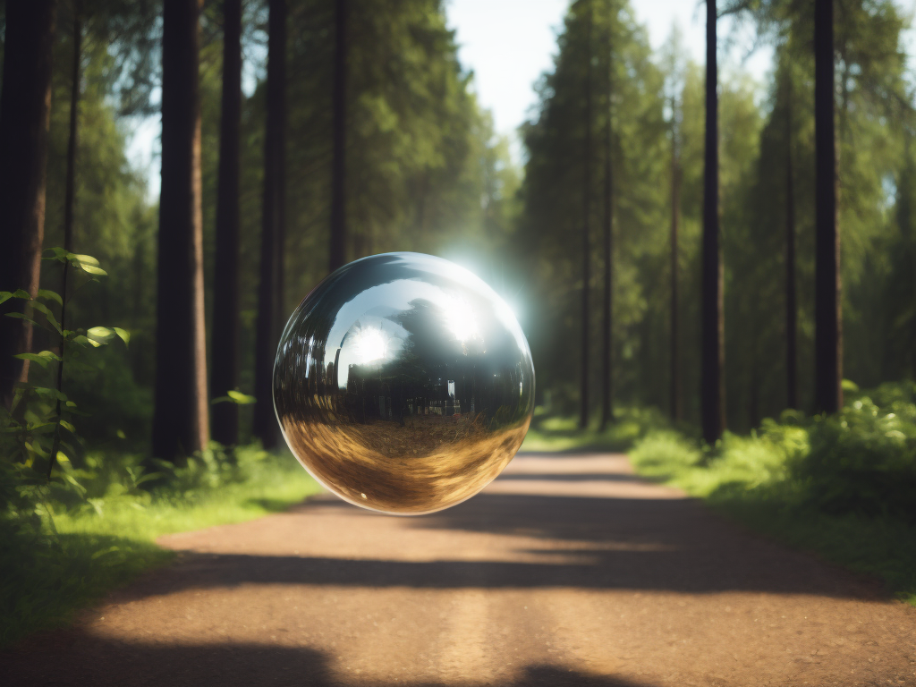 chrome round balls flying in the forest, no blur, sharp focus, cinematic lighting, epic scene