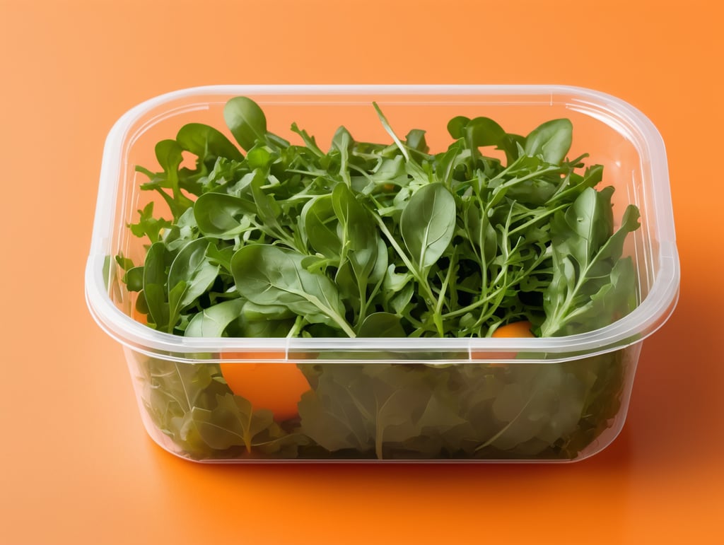 blank Transparent Plastic Container with Arugula Salad, isolated, orange background, Modern presentation, Mockup, mock up