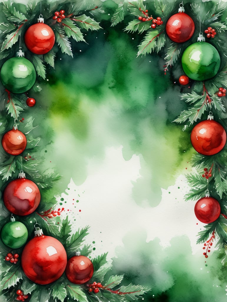watercolor red and green christmas background with lots of white space and white backdrop