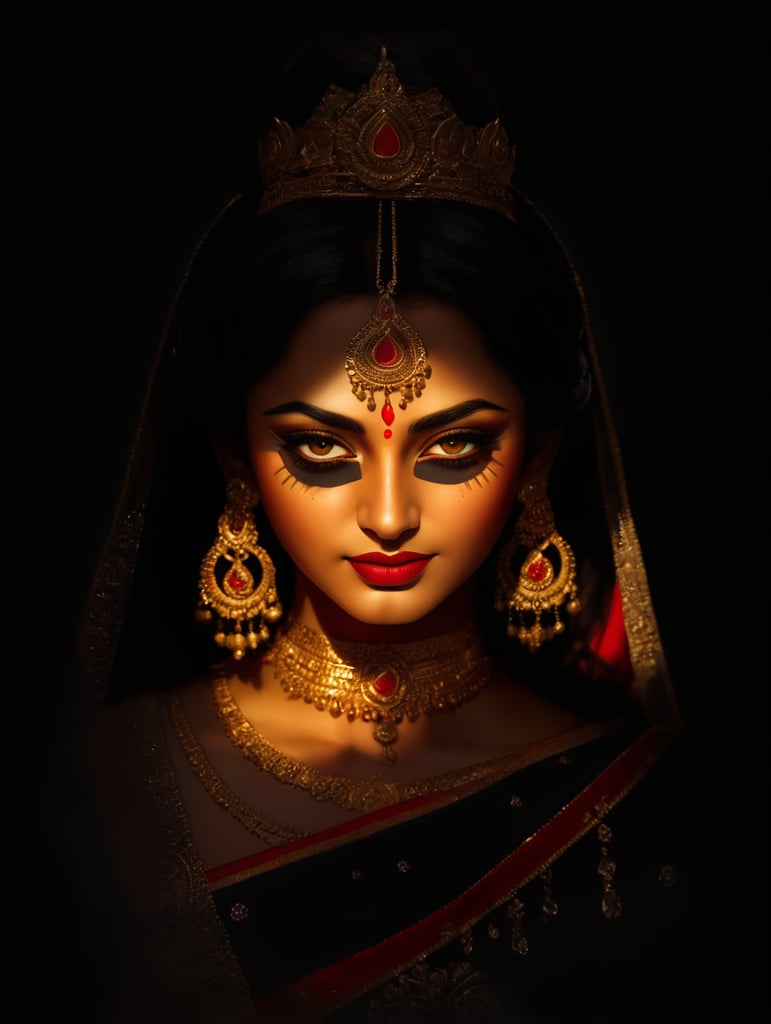 Maa Durga Bengal, rich beautiful sari, bright makeup, golden jewelry, long black hair, brown eyes, red lips.