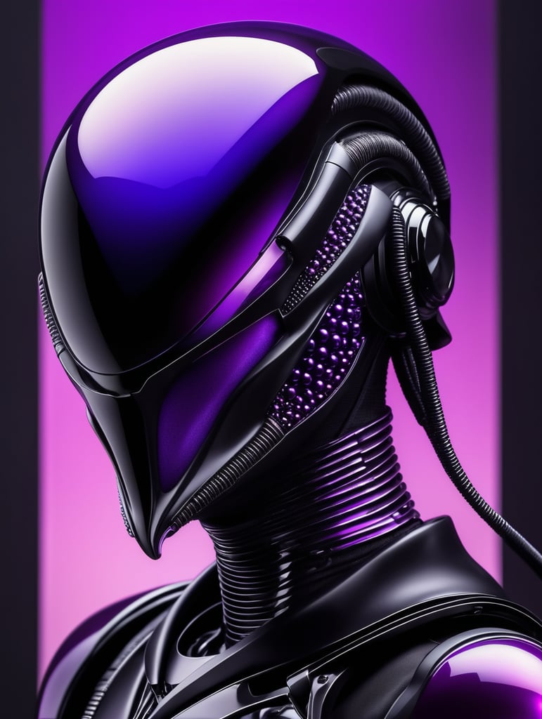 xenomorph with black suit elegant scene futuristic design with purple gradient traslucent half mask and helmet fashion photography, sharp, small spheres floating background