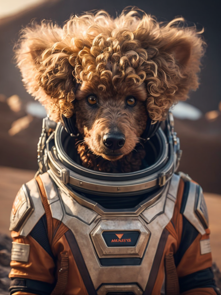 A curly poodle like a Rocket Raccoon from Guardians of the Galaxy wearing astronaut costume on the Mars