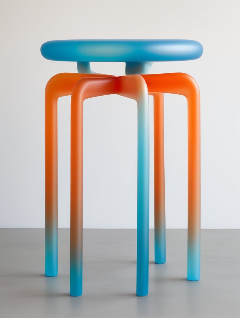 A contemporary minimalist semi-translucent silicone stool with vibrant cyan blue and orange gradient colors as if designed by hi studio.