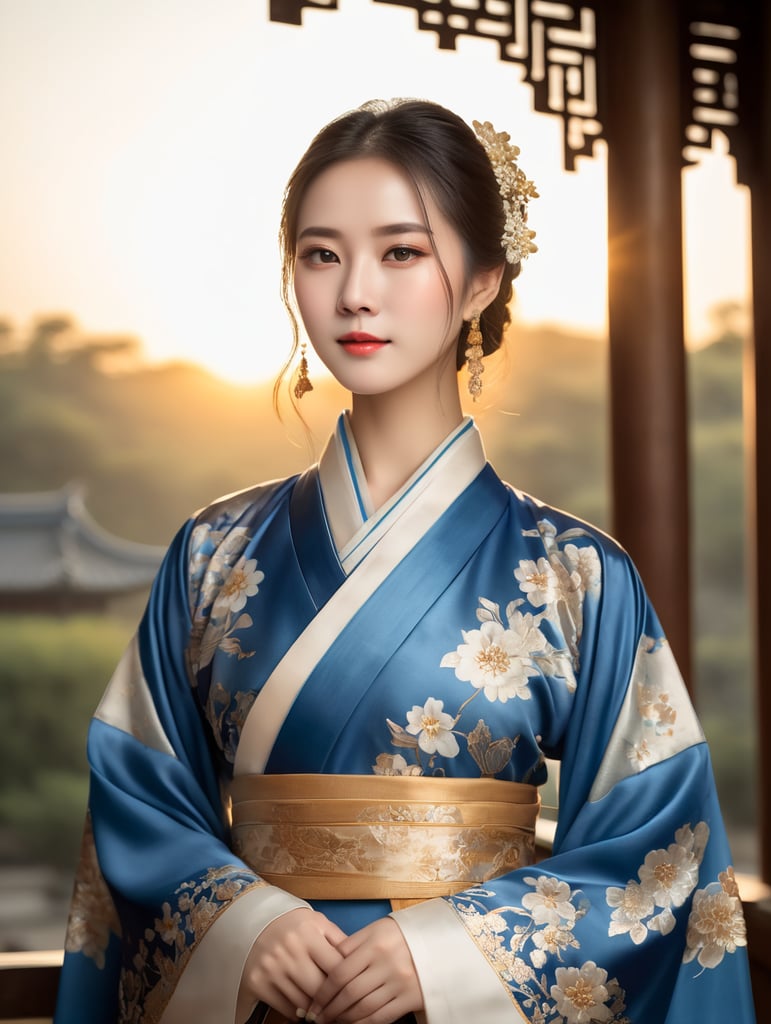 self-protrait, female blue floral chinese costume hanfu, floral, medium shot, golden hour lighting, eye-level front view