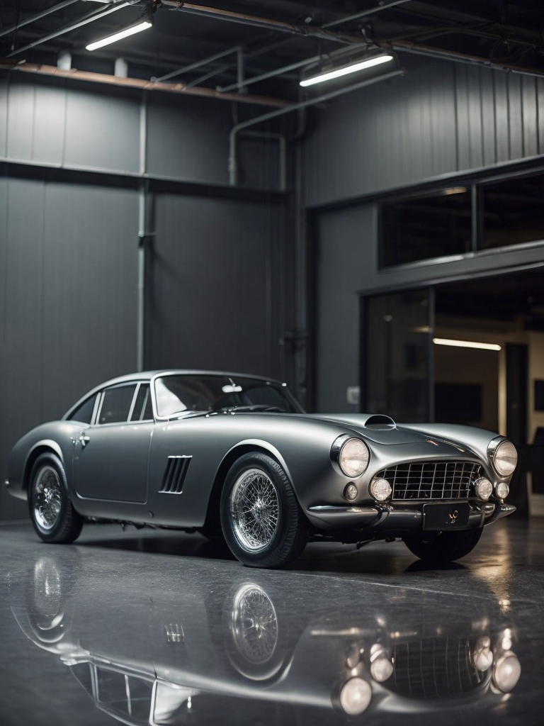 A realistic photo of ferrari 250 gt berlinetta (1956) silver in a showcase garage, reflections on the black metallic silver floor, mirrored walls in the background, black lighting, cinematic, 8k, black lighting