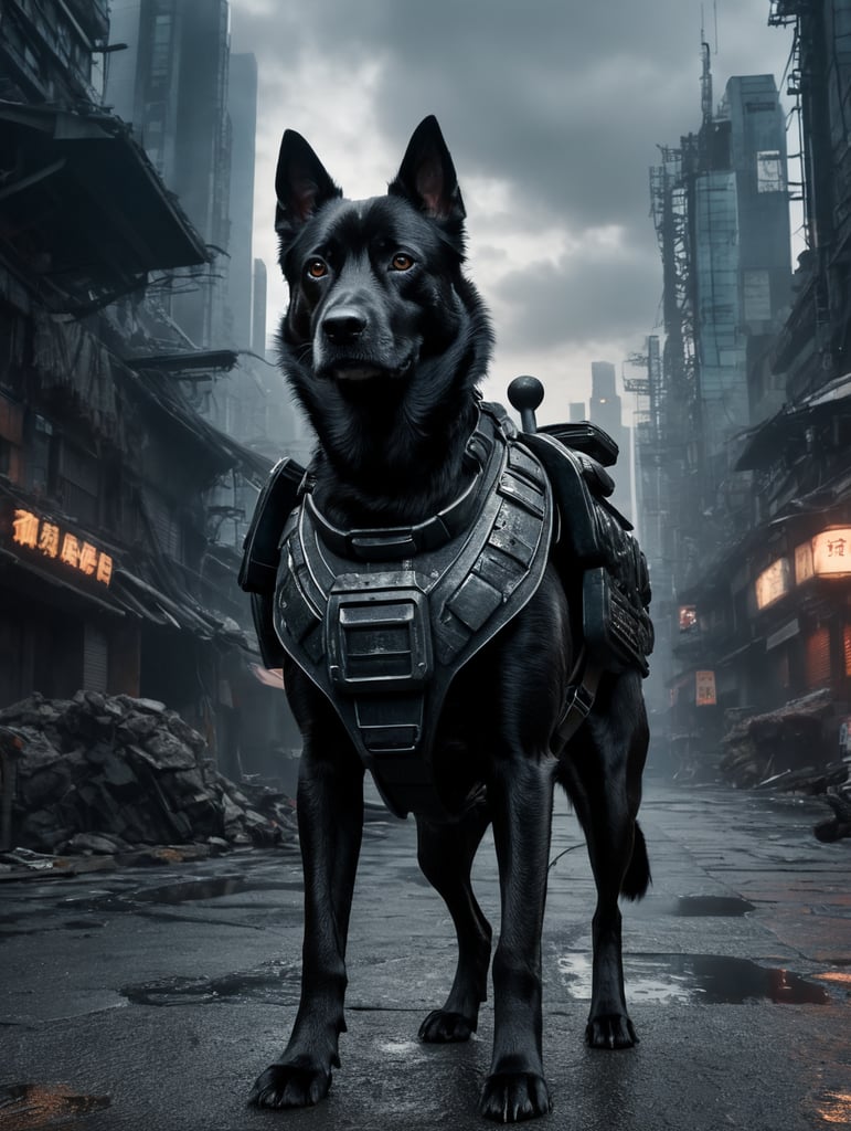 A futuristic dog warrior, in a post apocalyptic cityscape in tokyo