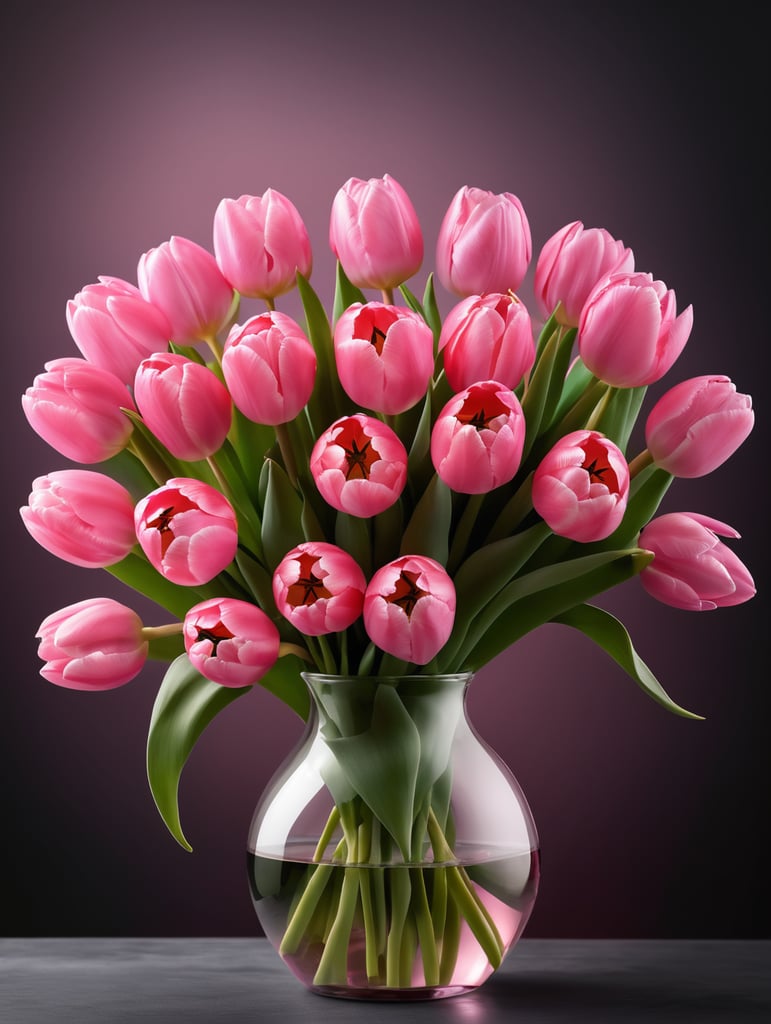 Round transparent glass vase with big bouquet of pink tulips, dark gradient background, sharp focus