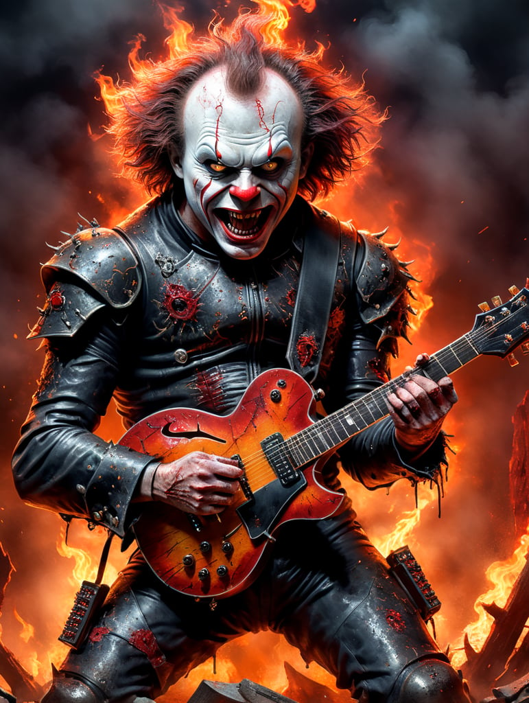 Illustrate the most horriffic and detailed AC DC’s guitar player, Angus Young. Dressed in a distressed, slashed and bloody Chucky suit, with his classic black gibson guitar hanging in front of him,his arms up and his hands with his fingers positioned as two horns, with a dark sinister look, face painted like Pennywise and two evil red hrons comming out from his front head. In the back, thousands of zombies cheering in a concert like scene, very orange flame like.