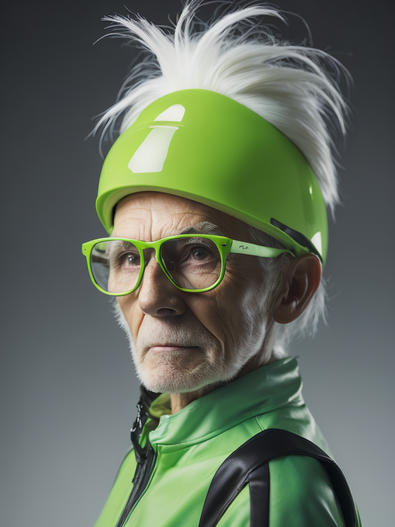 a gnome from fairytale supermodel 76 years old wearing a neon green helmet dressed in athletic clothing and glasses, in the style of futuristic glam, retro futurism, neon green clothing, glasses without color, clear glass, long white hair, teal background, mike campau, anton fadeev, high gloss, mono-ha