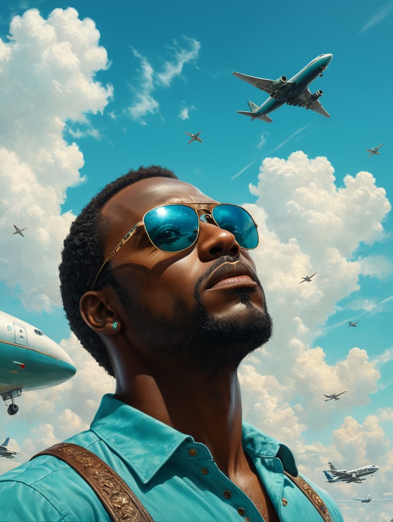 a black man raised his head up, looks at the sky, sunglasses, one airplane flies in a clear sky and leaves a mark, summer, turquoise shades, style of Richard Corben