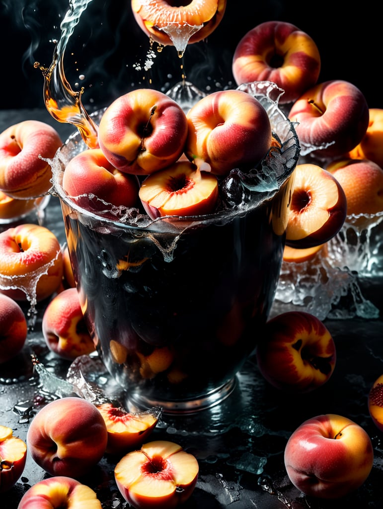 only peaches, peaches should be donut peaches, peach slices floating, mixed peach liquid, peach background, smoke, icy slushee, 4k photo-realistic