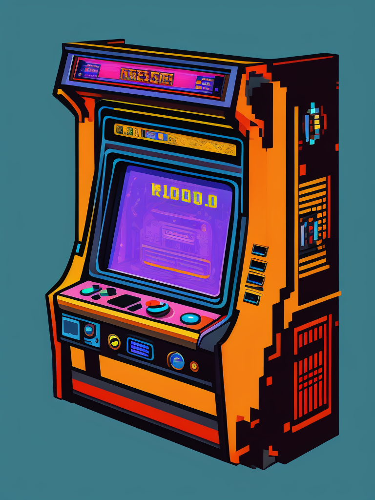Vibrant Arcade machine, 90s style, deep colors, pixel art style 64 bit