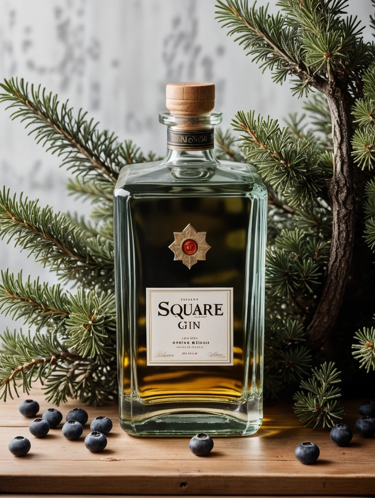professional photography of a square gin bottle, square bottle, surrounding a juniper and juniper berries, one shot of gin in a front, no label, clear, mockup
