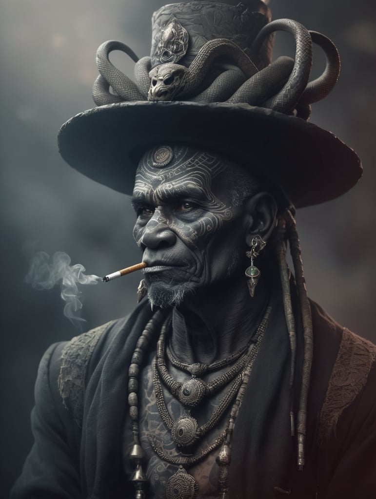 A voodoo old man with facial tattoos and big snake on his neck smoking cigarettes