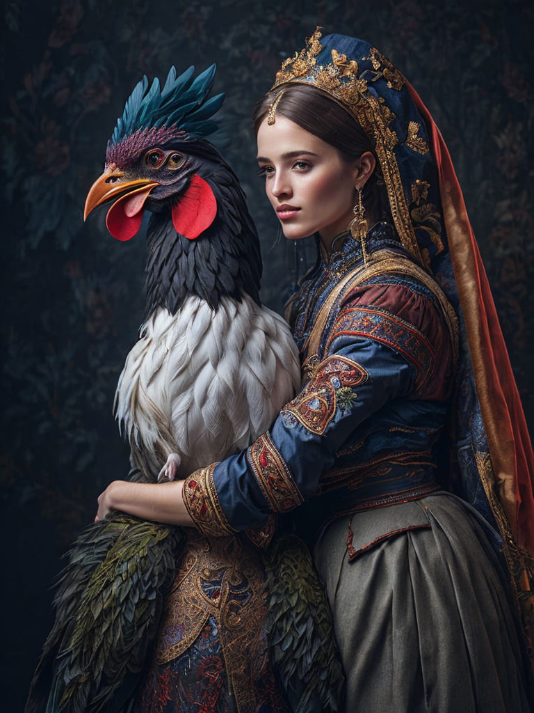 Portrait of a Beautiful women from Russian fairytale wearing traditional costume hugging a Rooster