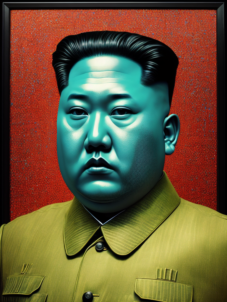 Fine Art Fluorescent Pointillism Sci-fi Surrealism Photography, Futuristic Kim Jong Un, Portrait made of hyper-detailed transparent frosted plastic, Moebius Bernard Buffet, van Gogh, Vermeer, Erin Hanson, Pierre Soulages, National Geographic, textured depth, vibrant fluorescent hyperrealism photo