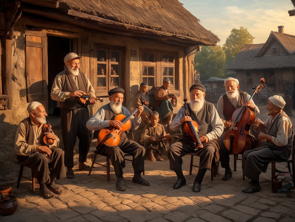 A Nostalgic Evening in the Shtetl, Late afternoon transitioning into early evening, Shtetl in Eastern Europe, Clear sky with a warm, golden sunset, Old Man playing a cello with deep emotion, Traditional Jewish attire including a kippah, Sitting on a wooden chair outside his home, Men dancing with fervor and playing instruments like violin, accordion, clarinet, Simple rustic clothing, Forming a circle around the old man, Children playing and dancing, On the outskirts of the circle, some imitating the adults, Women watching the scene, some clapping or singing, Traditional dresses, Standing near the homes, some peeking out of windows, Wide-angle shot, Sharp focus on the old man, softer focus on surrounding activities, Natural lighting from setting sun, casting long shadows and illuminating faces, High resolution, Joyful yet nostalgic