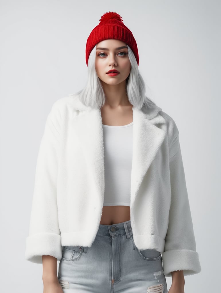 a young women with white hair and red hat on his head is wearing a white lacket, isolated, white background