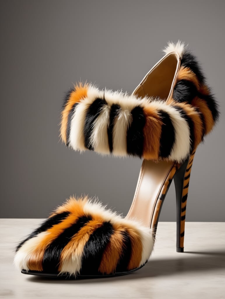 High heeled shoe made from tiger fur