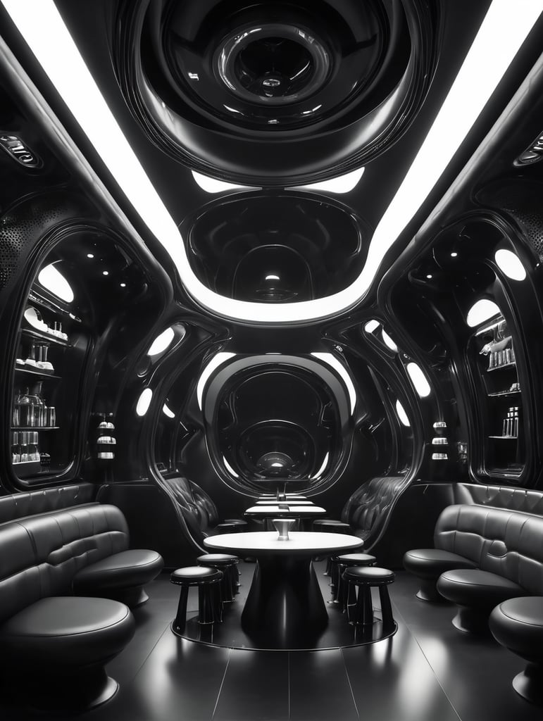 Futuristic interior of UFO cafe. Alien interior, black tones